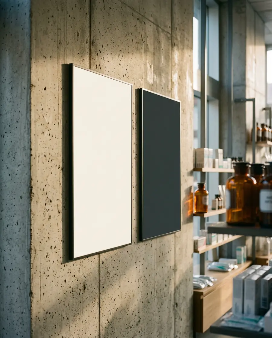 Poster panels mounted in a pharmacy interior