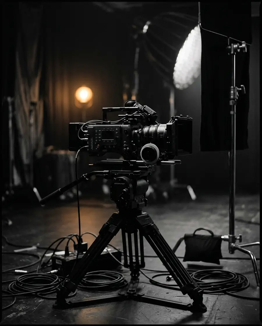 A cinema camera on a tripod in a darkened studio