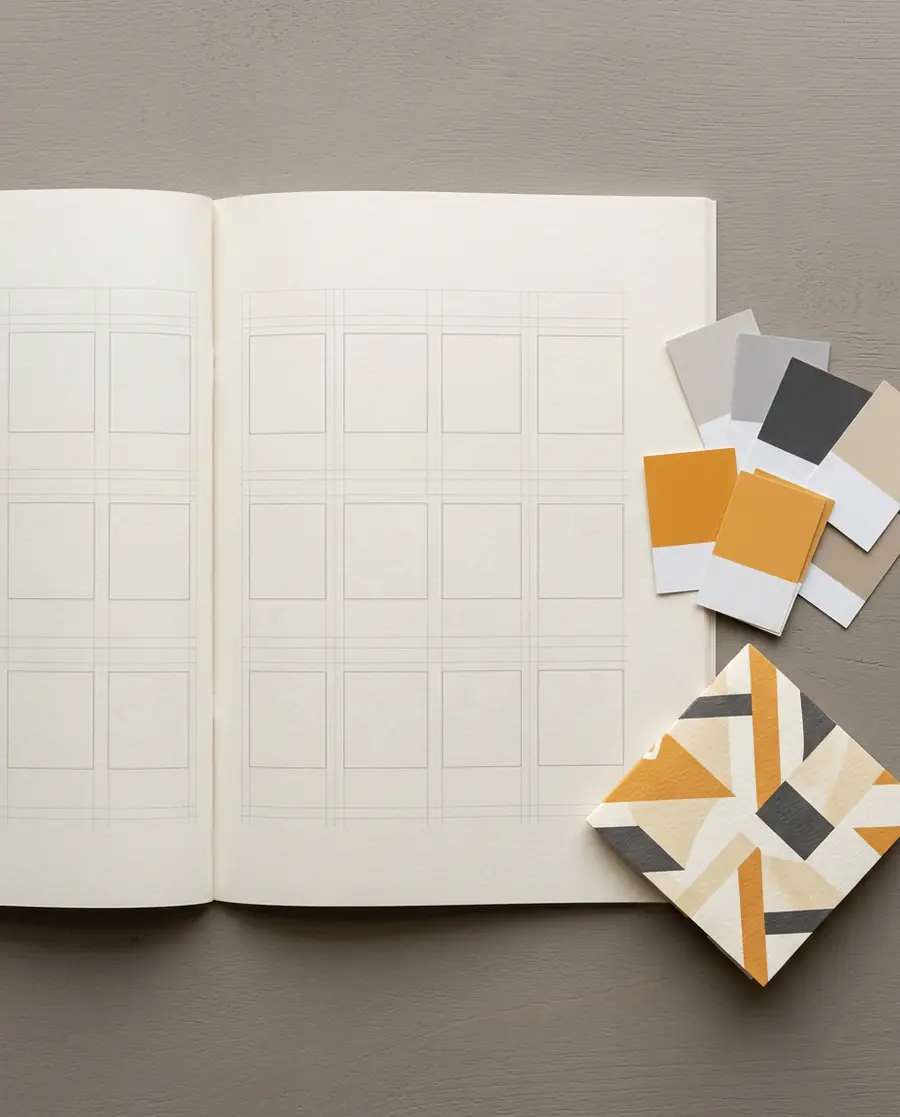 An open brand guidelines manual with colour chips
