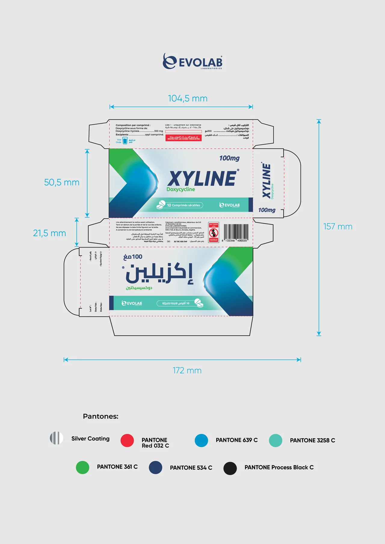 Xyline for Evolab — the dieline, its dimensions and the Pantone build