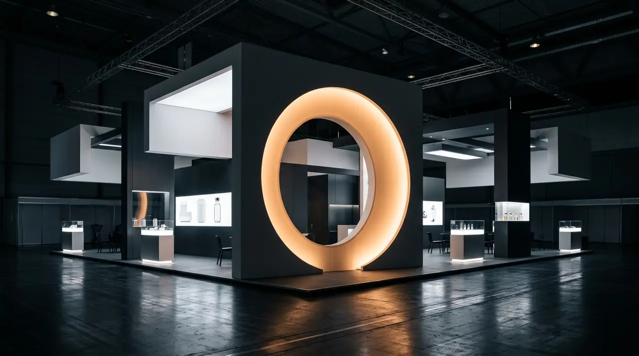 A pharmaceutical exhibition stand in a dark hall