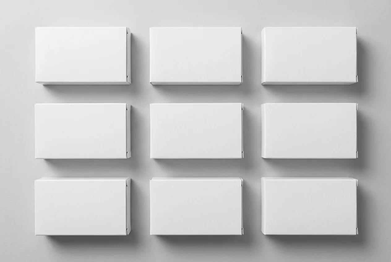 A graduated row of cartons showing the variant colour system