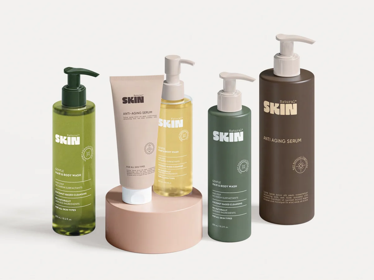 The Natural Skin range shown together — bottles, a tube and a pump